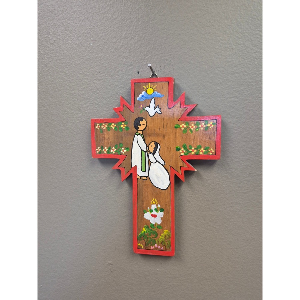 Vintage Hand Painted Wood Folk Art Cross First Communion Wedding Religious Decor